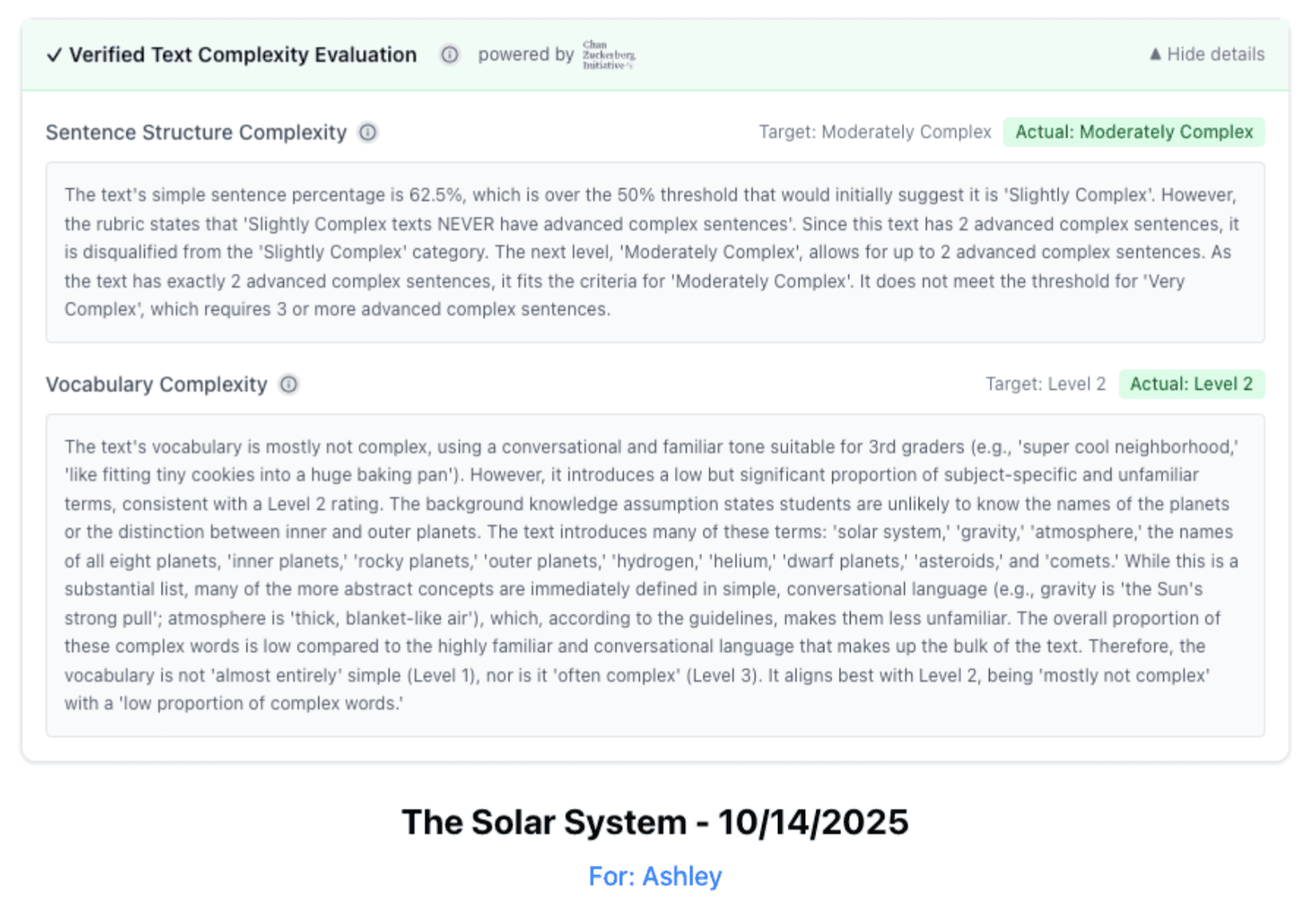 Sample evaluation report showing complexity metrics
