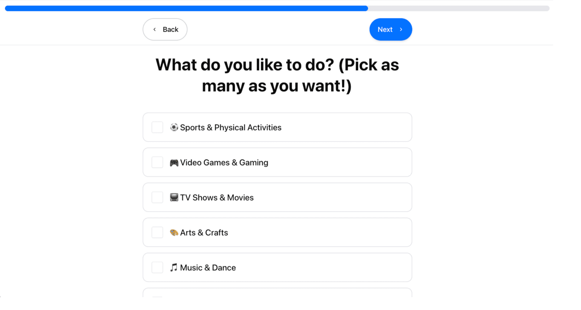 Student interest survey interface